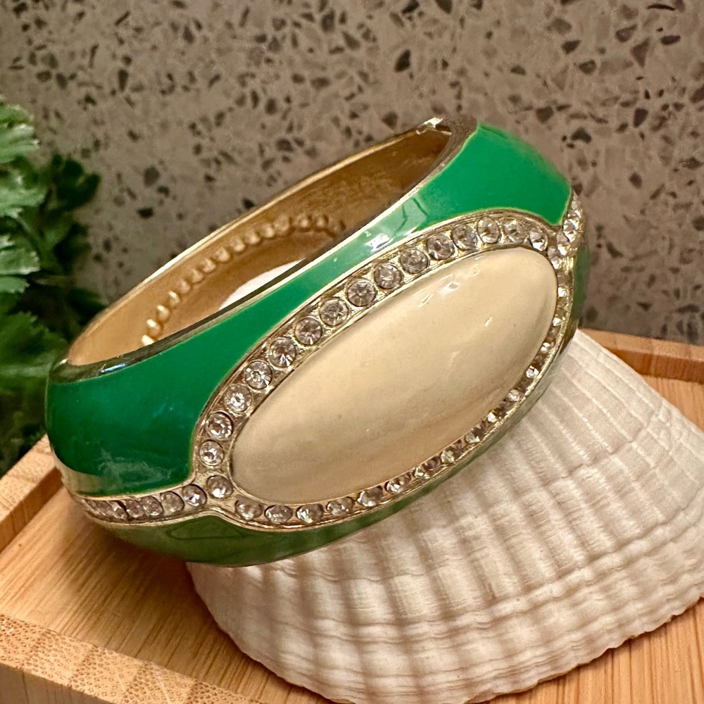 Green enamel and rhinestone bangle bracelet